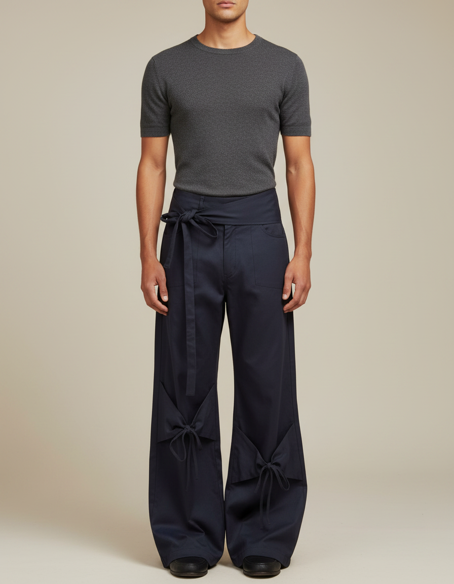 Pantalon Parachute Bleu Marine Ample À Nœuds - Toile