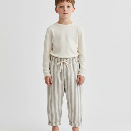 Pantalon Parachute Beige Rayé Coton Ample Enfant - Molleton