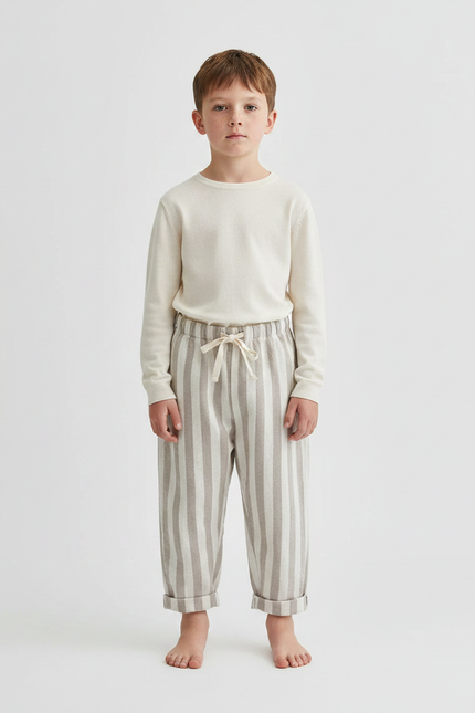 Pantalon Parachute Beige Rayé Coton Ample Enfant - Molleton