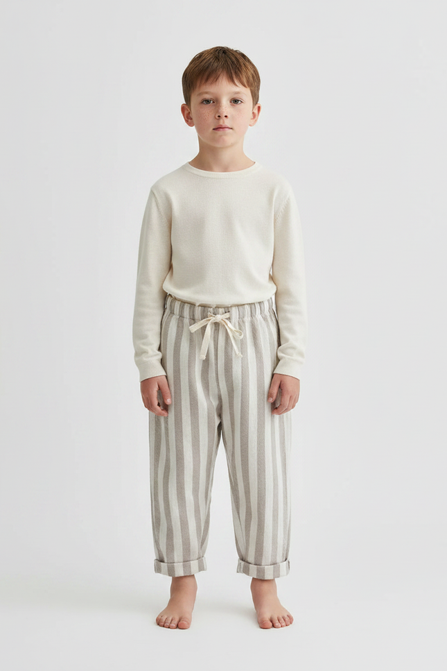 Pantalon Parachute Beige Rayé Coton Ample Enfant - Molleton