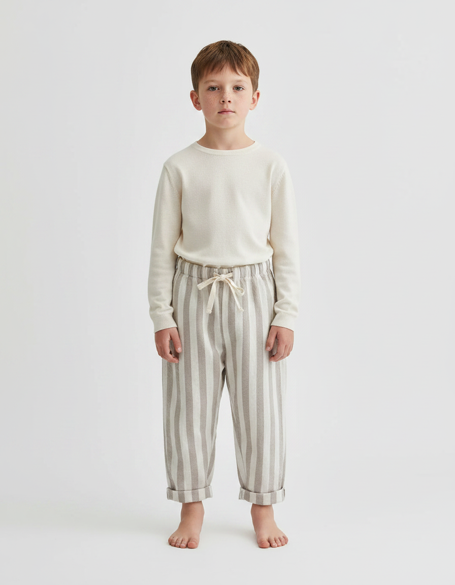 Pantalon Parachute Beige Rayé Coton Ample Enfant - Molleton