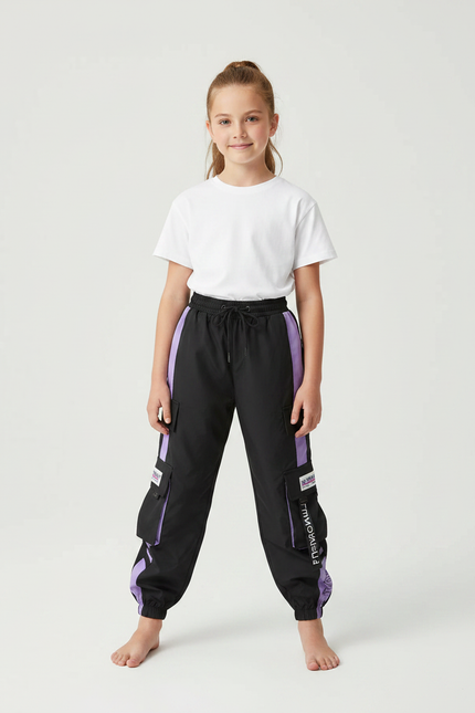 Pantalon Parachute Noir Violet Cargo Ample Streetwear Sportif - Polyester