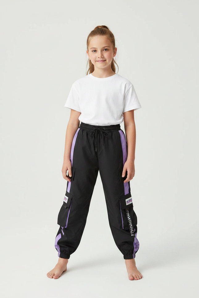 Pantalon Parachute Noir Violet Cargo Ample Streetwear Sportif - Polyester