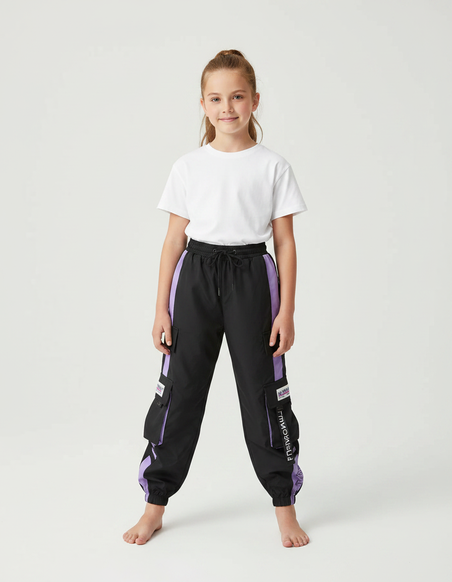 Pantalon Parachute Noir Violet Cargo Ample Streetwear Sportif - Polyester