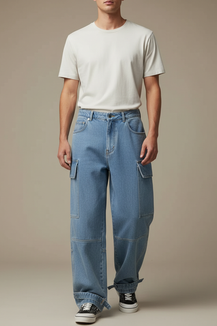 Pantalon Parachute Cargo Denim Ample Streetwear Homme - Bleu Jean