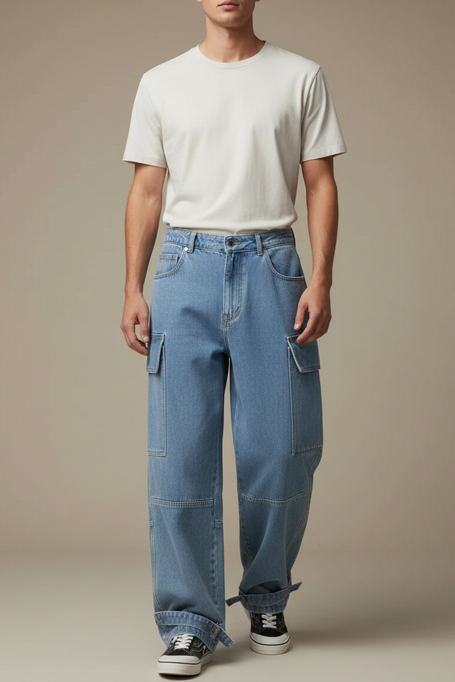 Pantalon Parachute Cargo Denim Ample Streetwear Homme - Bleu Jean