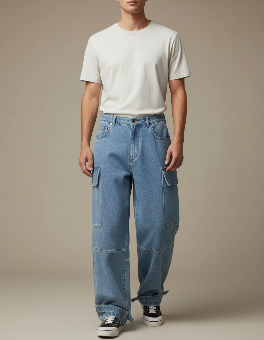 Pantalon Parachute Cargo Denim Ample Streetwear Homme - Bleu Jean