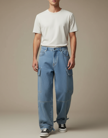 Pantalon Parachute Cargo Denim Ample Streetwear Homme - Bleu Jean