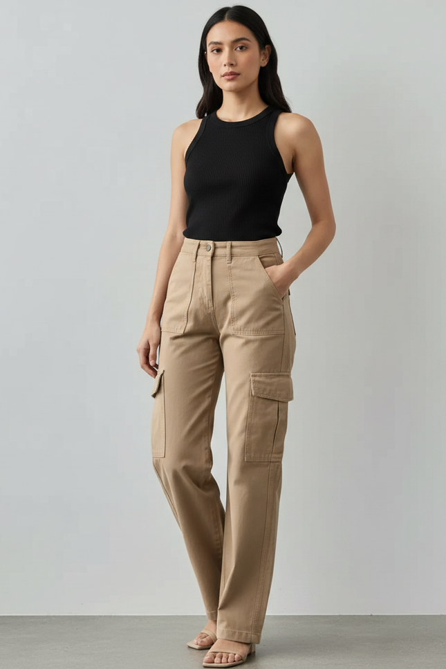 Pantalon Parachute Beige Ample Cargo Décontracté Fluide - Toile