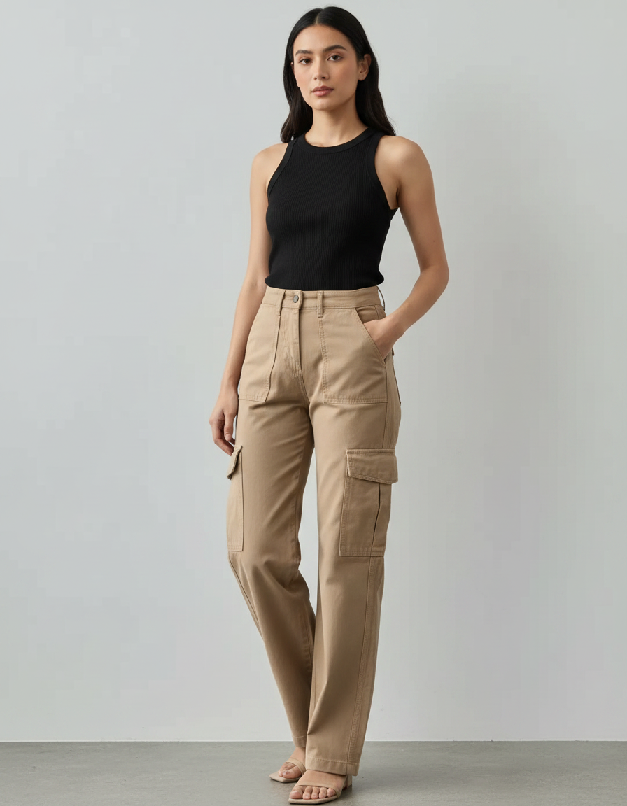 Pantalon Parachute Beige Ample Cargo Décontracté Fluide - Toile