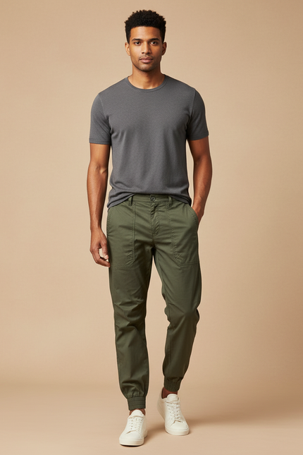Pantalon Parachute Vert Kaki Cargo Coton Jogger Homme