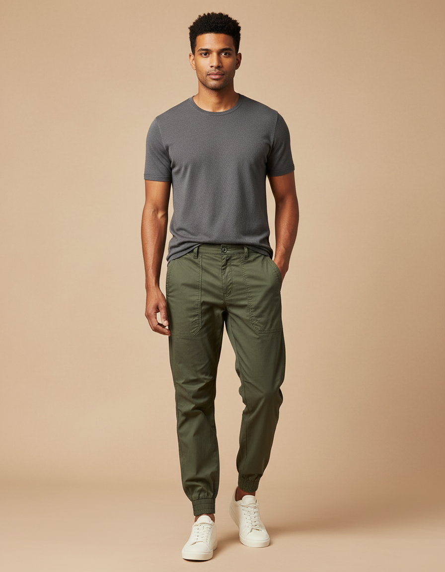 Pantalon Parachute Vert Kaki Cargo Coton Jogger Homme