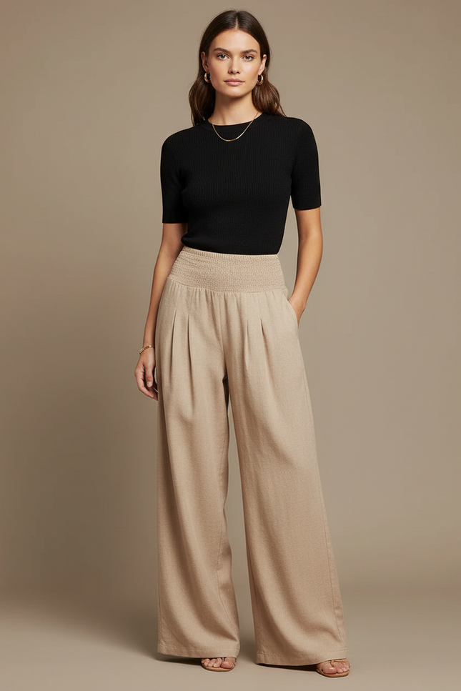 Pantalon Parachute Beige Ample Smocké Plissé Femme - Lin