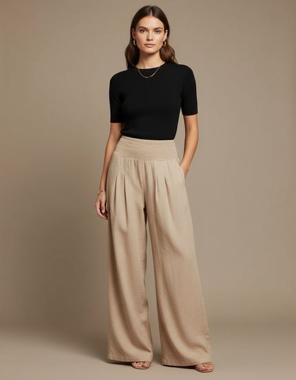 Pantalon Parachute Beige Ample Smocké Plissé Femme - Lin