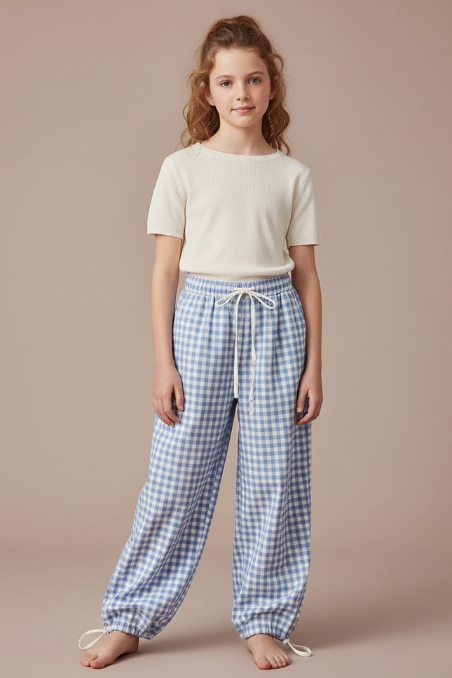 Pantalon Parachute Vichy Bleu Ample Fille Décontracté Coton