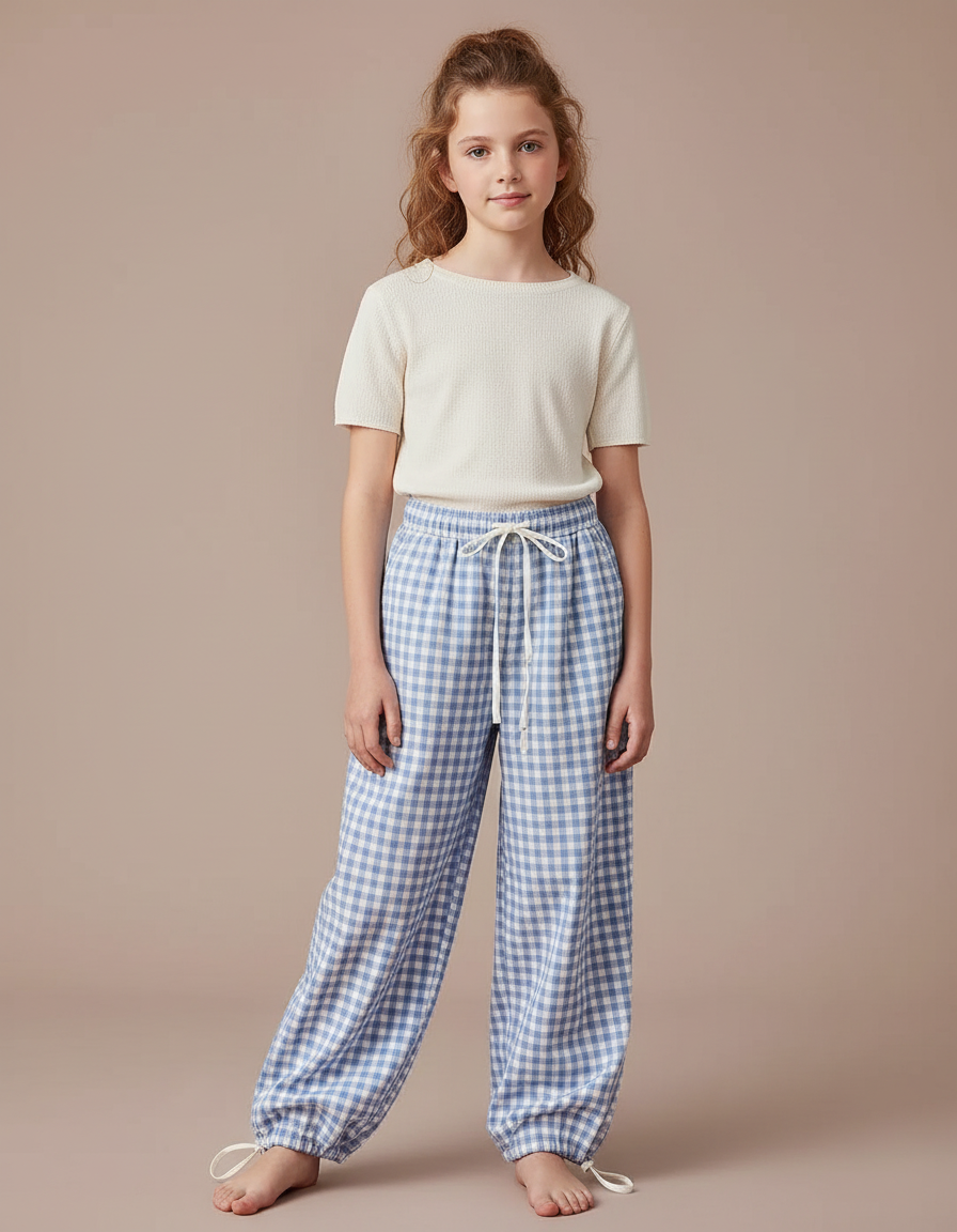 Pantalon Parachute Vichy Bleu Ample Fille Décontracté Coton