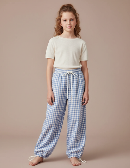Pantalon Parachute Vichy Bleu Ample Fille Décontracté Coton