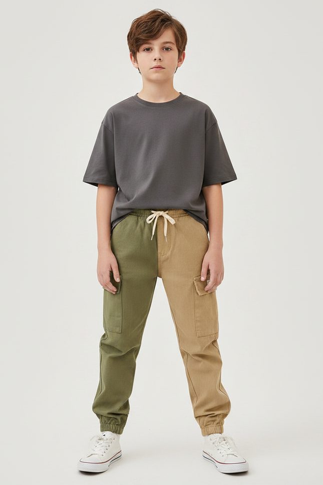 Pantalon Parachute Bicolore Cargo Ample Cordon Garçon - Multicolore Toile