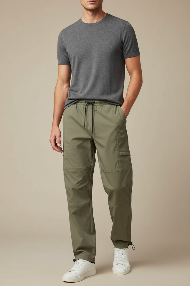Pantalon Parachute Vert Ample Cargo Homme Léger - Kaki Polyester