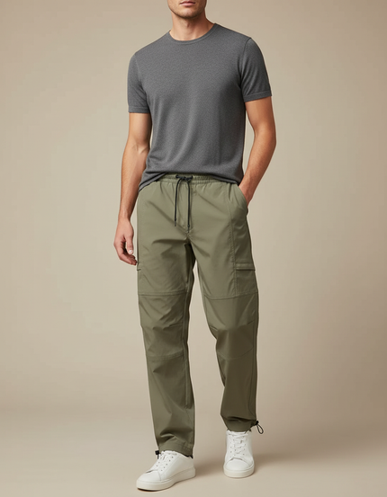 Pantalon Parachute Vert Ample Cargo Homme Léger - Kaki Polyester