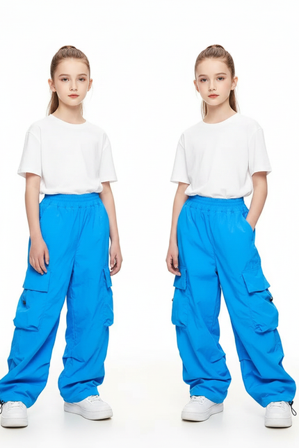 Pantalon Parachute Bleu Cargo Ample Fille Décontracté - Polyester