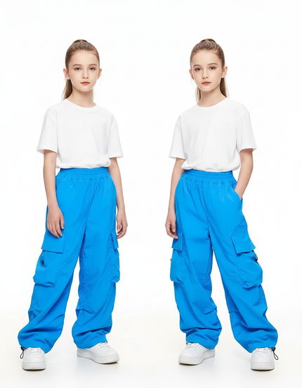 Pantalon Parachute Bleu Cargo Ample Fille Décontracté - Polyester