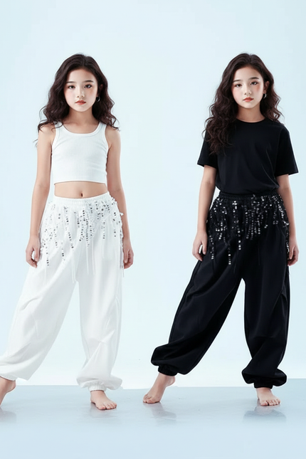 Pantalon Parachute Blanc Noir Paillettes Ample Fille - Polyester