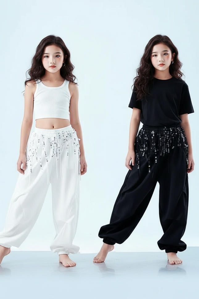 Pantalon Parachute Blanc Noir Paillettes Ample Fille - Polyester