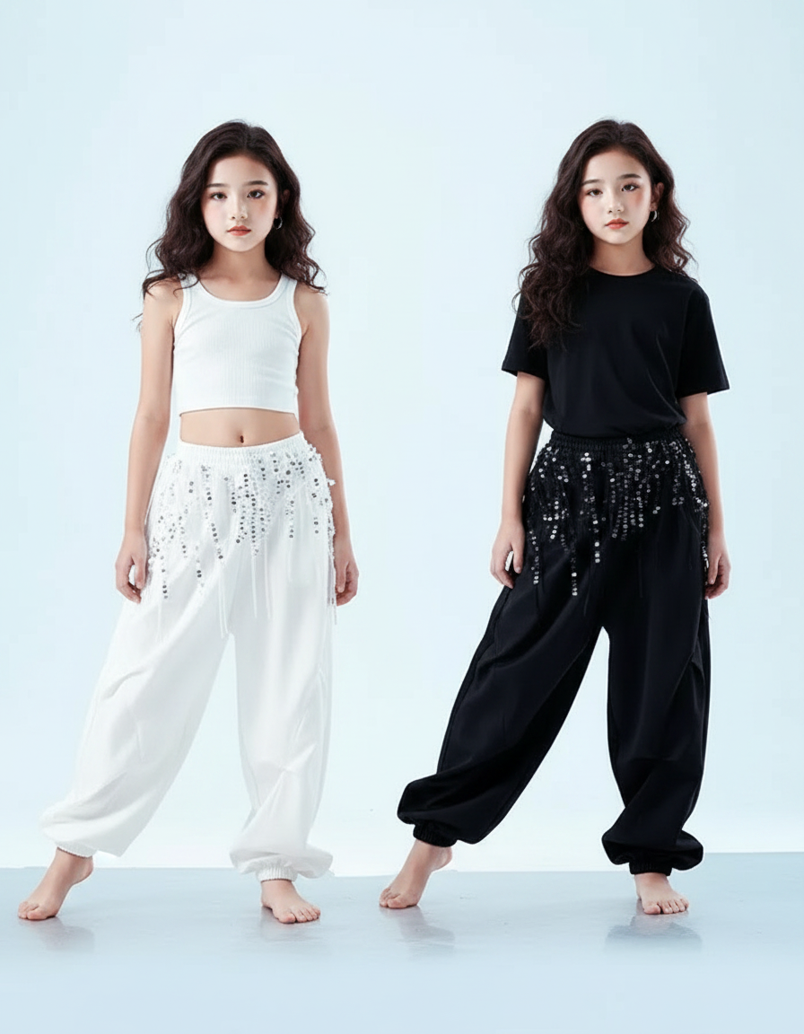 Pantalon Parachute Blanc Noir Paillettes Ample Fille - Polyester
