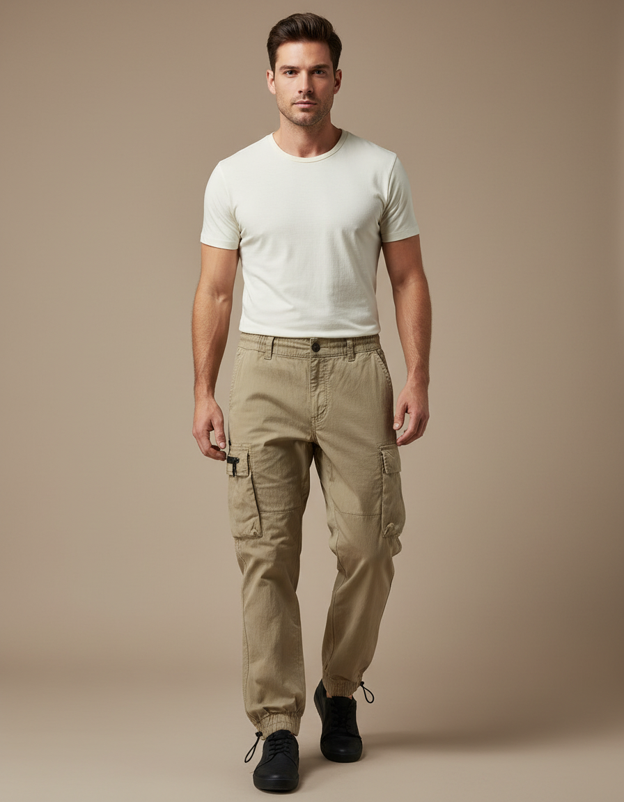 Pantalon Parachute Kaki Cargo Coton Léger Homme
