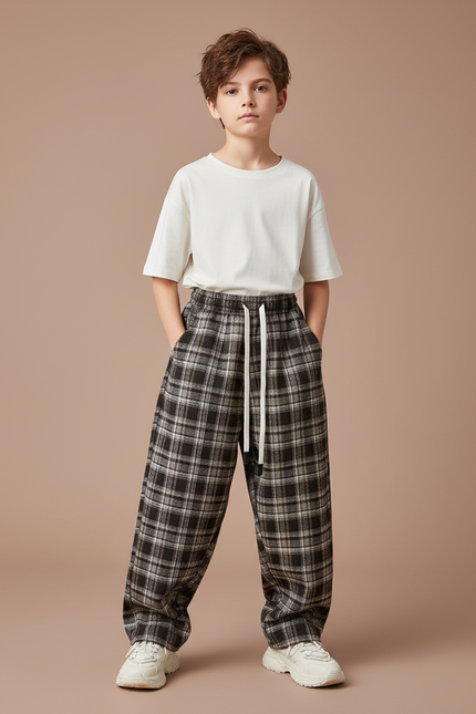Pantalon Parachute Plaid Noir Ample Cordon Décontracté - Tweed