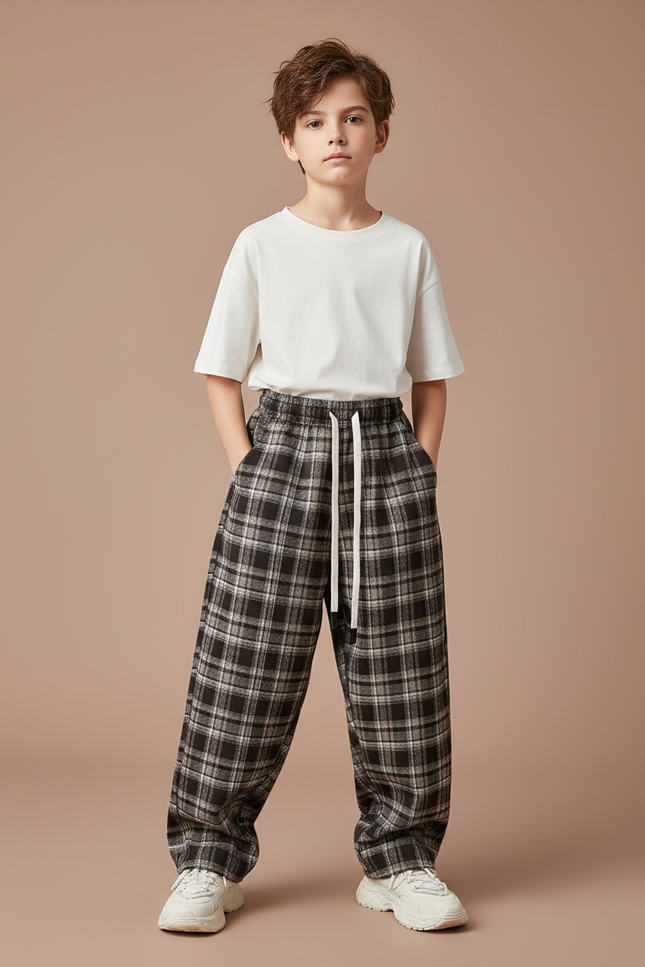 Pantalon Parachute Plaid Noir Ample Cordon Décontracté - Tweed