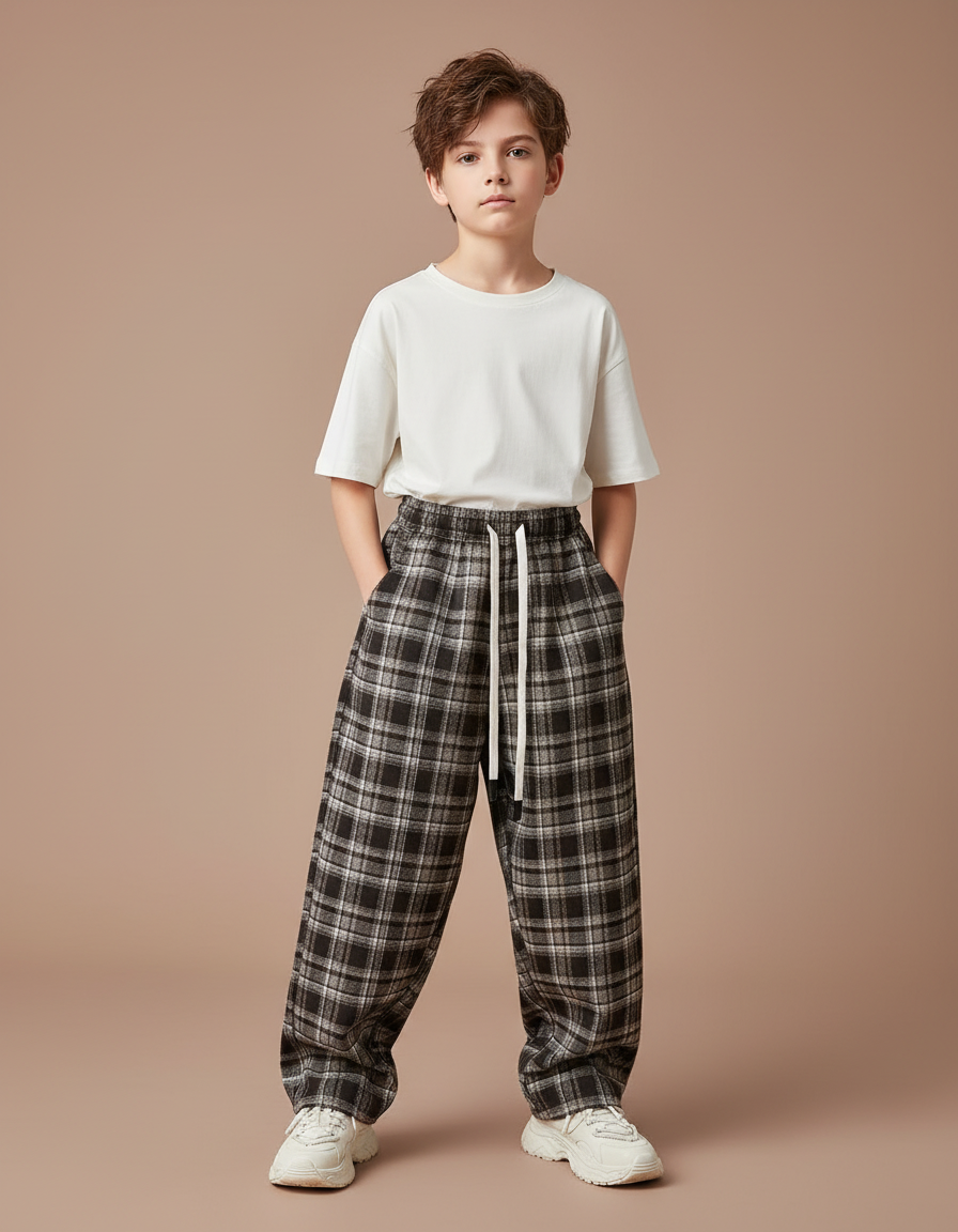 Pantalon Parachute Plaid Noir Ample Cordon Décontracté - Tweed
