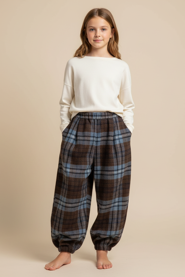 Pantalon Parachute Plaid Marron Bleu Ample Chaud Fille - Multicolore Laine