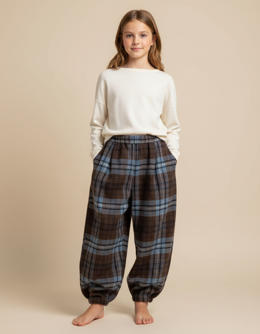 Pantalon Parachute Plaid Marron Bleu Ample Chaud Fille - Multicolore Laine