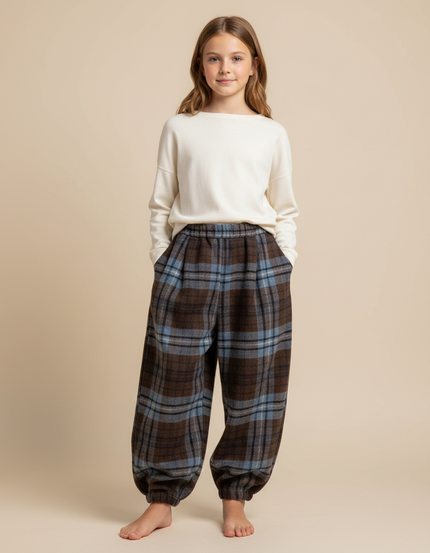 Pantalon Parachute Plaid Marron Bleu Ample Chaud Fille - Multicolore Laine
