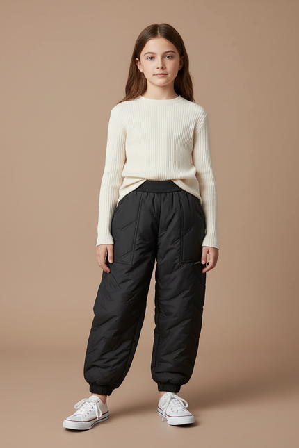 Pantalon Parachute Noir Matelassé Ample Enfant Hiver - Polyester