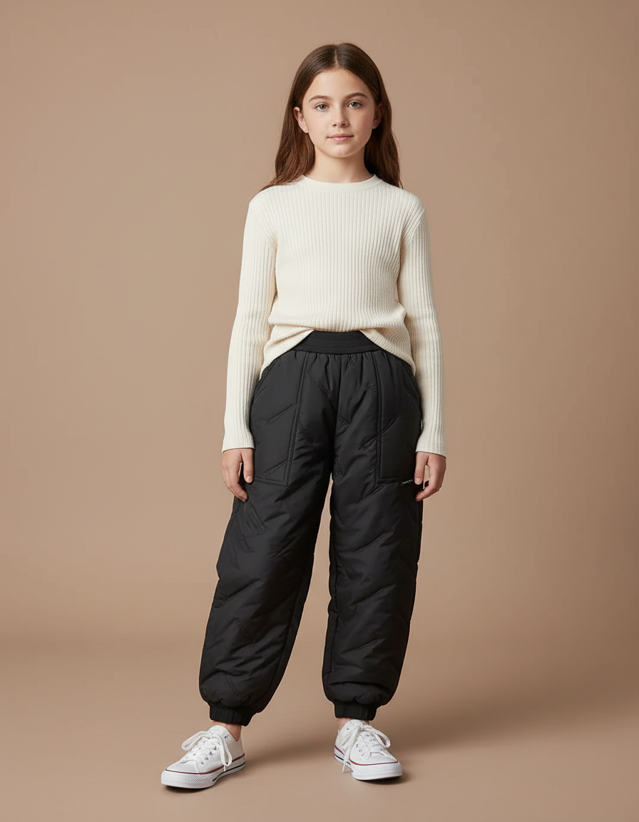 Pantalon Parachute Noir Matelassé Ample Enfant Hiver - Polyester