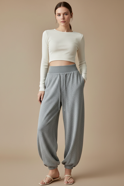 Pantalon Parachute Gris Ample Drapé Molleton Confortable