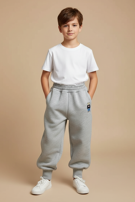 Pantalon Parachute Gris Ample Molleton Enfant Brodé Hiver