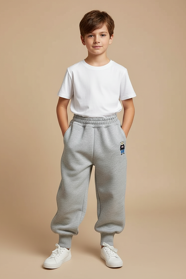 Pantalon Parachute Gris Ample Molleton Enfant Brodé Hiver