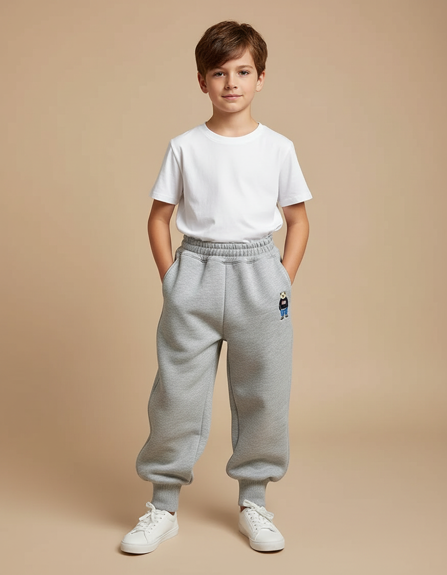 Pantalon Parachute Gris Ample Molleton Enfant Brodé Hiver