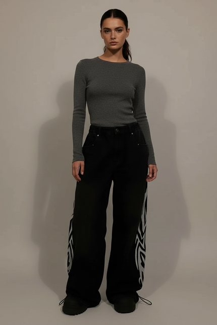 Pantalon Parachute Noir Tribal Ample Streetwear - Coton