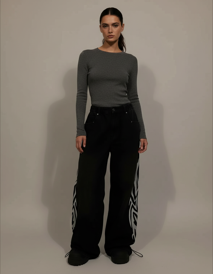 Pantalon Parachute Noir Tribal Ample Streetwear - Coton