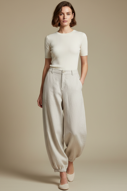 Pantalon Parachute Beige Lin Ample Élégant Femme