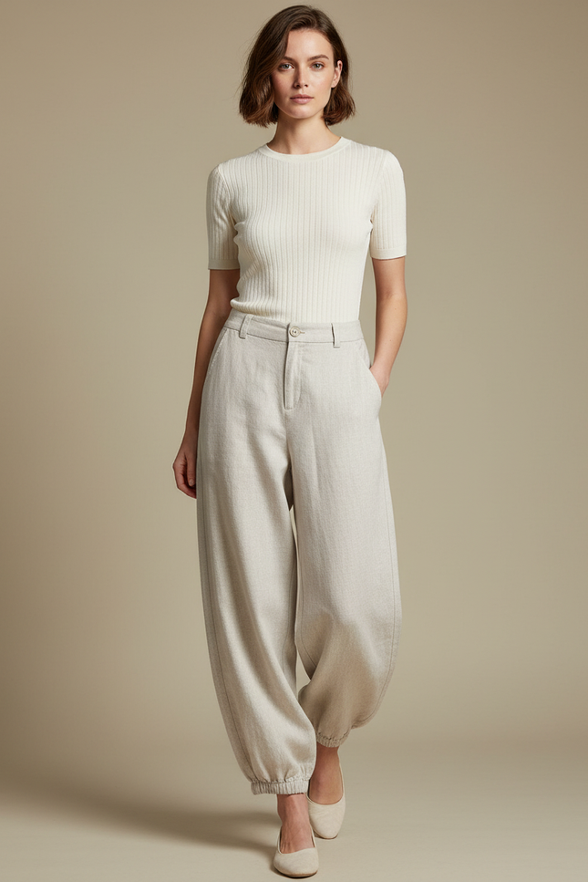 Pantalon Parachute Beige Lin Ample Élégant Femme