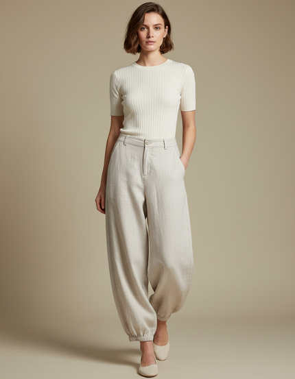 Pantalon Parachute Beige Lin Ample Élégant Femme