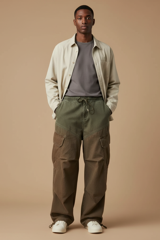 Pantalon Parachute Bicolore Ample Cargo Cordon Homme - Marron Toile