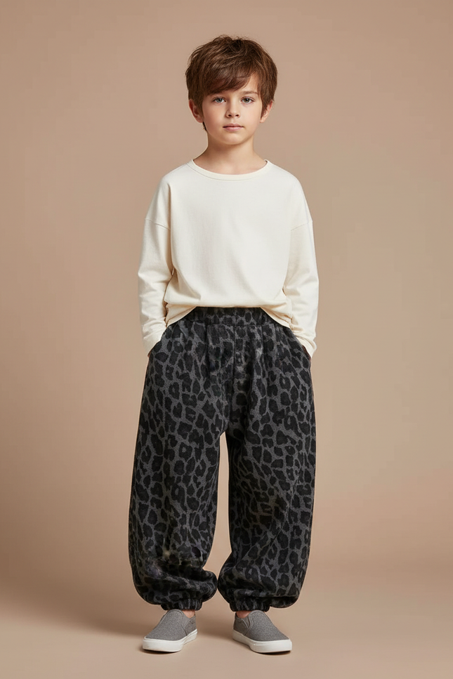 Pantalon Parachute Léopard Gris Ample Molletonné Enfant