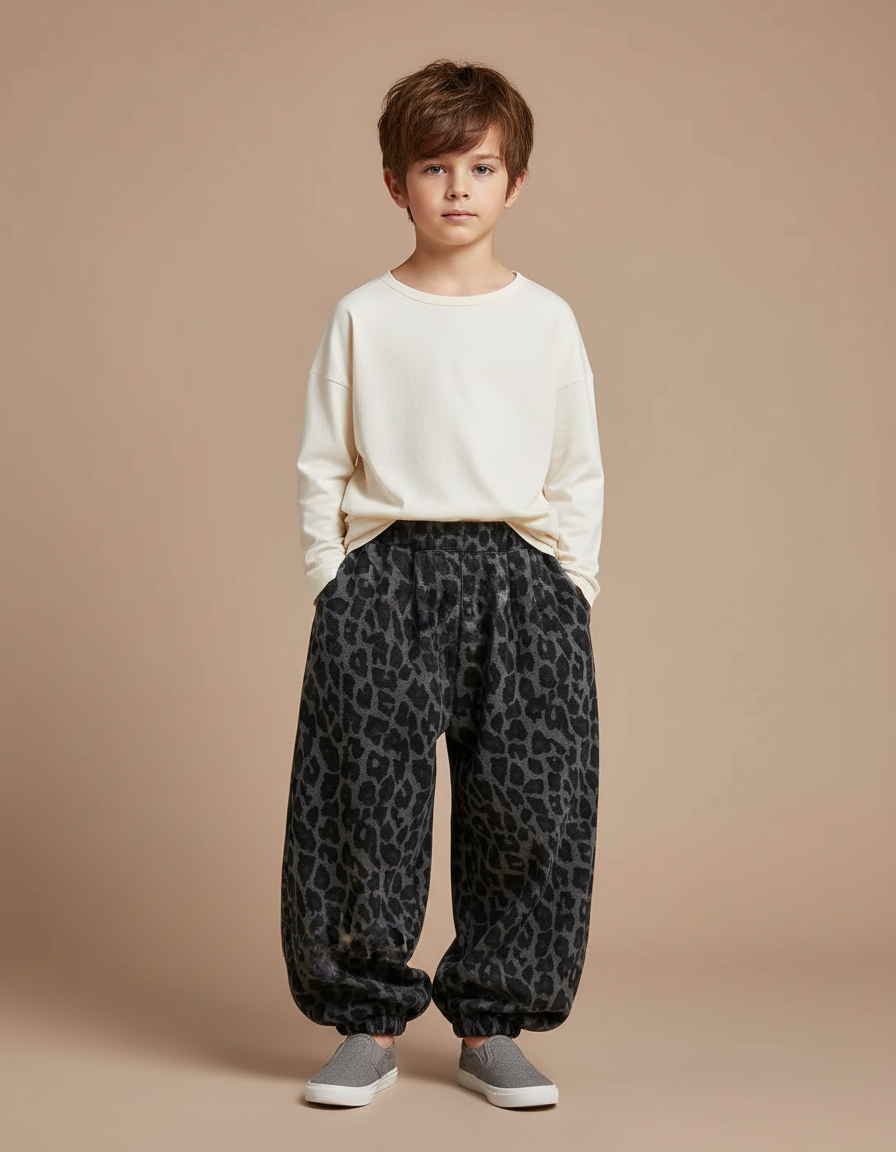 Pantalon Parachute Léopard Gris Ample Molletonné Enfant